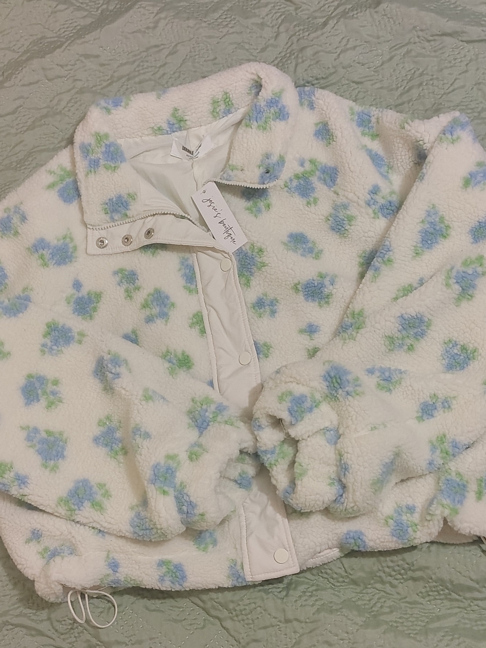 Double Zero White Sherpa Jacket with Blue & Green Floral Print